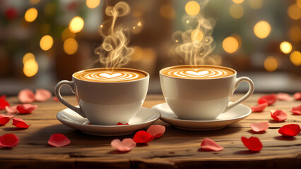 Obraz premium Two coffee cups heart made with foam cream in white tray, rose petals everywhere, bokeh lights background, valentine's day background, coffee date, 
