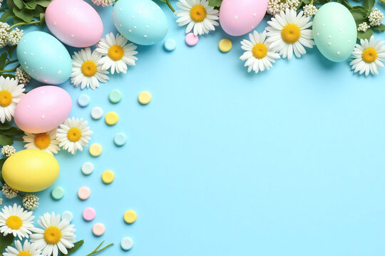 spring themed arrangement Easter eggs daisies candies blue bg