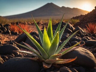 Aloe vera plant growing among dark rocks