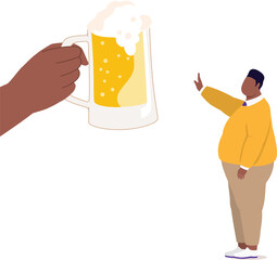 Side View Of An Overweight Black Man Standing In Stop Gesture Refusing A Glass Of Beer Offered By Someone.