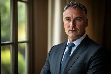 Fototapeta premium Professional man in suit, confidently posing near window with natural light highlighting features