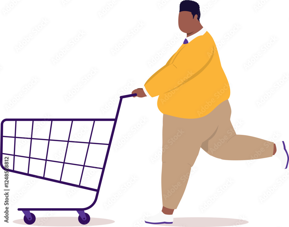 Poster side view of a plus size black man running while pushing an empty shopping cart.