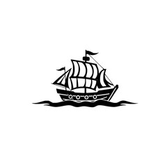 Simple black and white illustration of a stylized sailing ship on a white background.