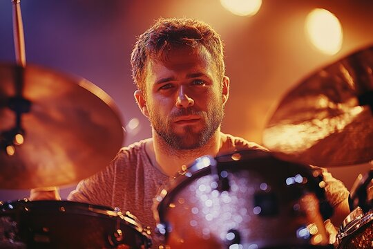 Drummer performing passionately on stage during a vibrant concert with colorful lights