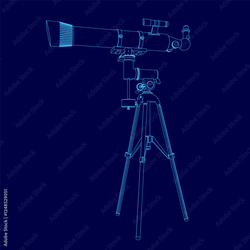 Aufkleber a blue drawing of a telescope. the drawing is of a telescope with a tripod and a lens. the drawing i