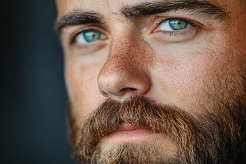 Obraz premium Close-up of a man with piercing blue eyes and a thick beard showcasing strong features and a contemplative expression