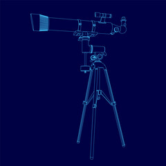 A blue drawing of a telescope. The drawing is of a telescope with a tripod and a lens. The drawing is of a telescope that is being used to observe the stars