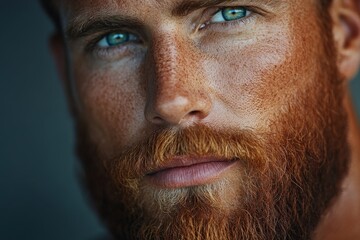 Close-up portrait of a man with freckles and striking blue eyes in natural light showcasing his vibrant red beard