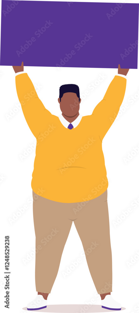 Poster front view of one plus size black man standing and holding up an empty signage.