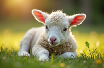 Obraz premium Cute white lamb lying in a lush green meadow, gazing directly at the camera with a gentle expression, bathed in warm golden sunlight