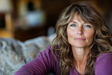 Fototapeta premium Woman with expressive blue eyes relaxes on a couch in a cozy, softly lit living room