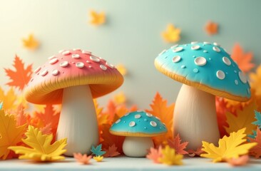 Whimsical fantasy mushrooms with colorful polka-dotted caps, surrounded by autumn leaves in shades of orange and yellow, set in a dreamy fairytale scene