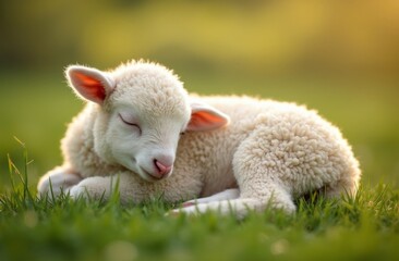 Obraz premium Soft white lamb curled up and sleeping peacefully in a sunlit meadow, surrounded by lush green grass, with golden light enhancing its fluffy wool