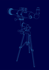 A blue drawing of a telescope with a tripod. The drawing is in blue and is very detailed
