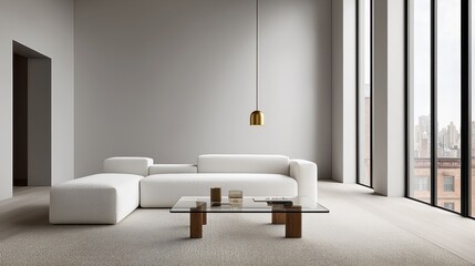 Cozy Interior Modern Minimalist, Modern minimalist living room featuring a cozy white sofa, glass coffee table, and large windows allowing natural light to flood in.