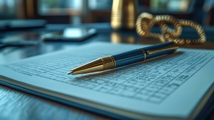 Elegant Blue Pen on a Table with a Notebook and Charts