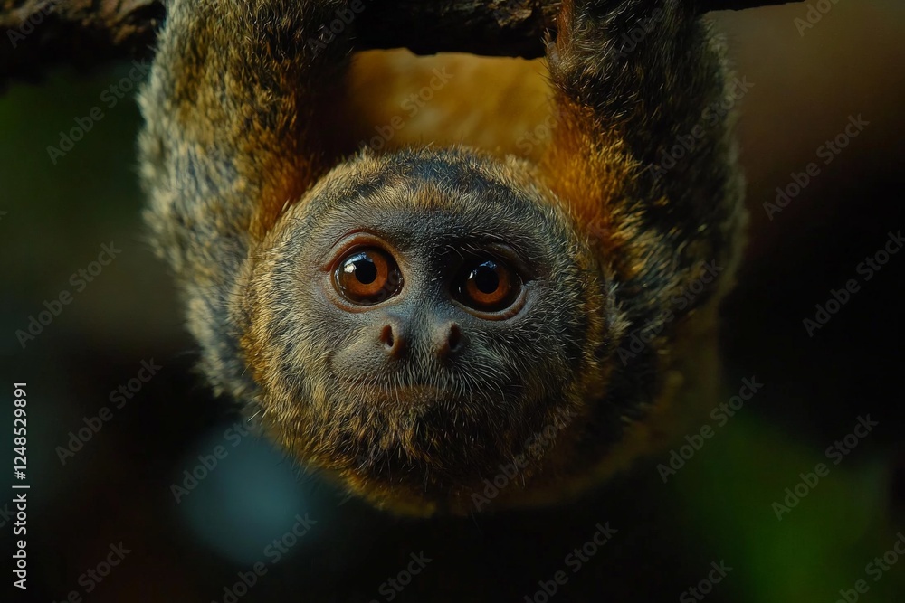 Poster curious sloth hanging upside down on a branch in a lush rainforest environment during the day