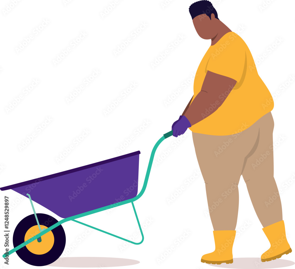 Poster side view of a plus size black man with rubber boot and glove walking while pushing an empty wheelba