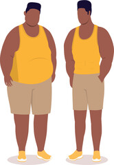 Black Man With Tight Singlet Standing And Posing His Muscular Body Before And After A Weight Loss.