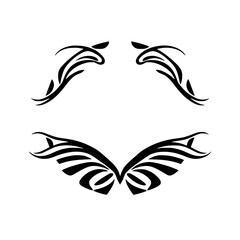 Abstract Black and White Floral Emblem with Two Pairs of Curved Wings.