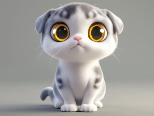 Cute cartoon kitten with big eyes sitting on a plain background