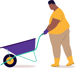 Side View Of A Plus Size Black Man With Rubber Boot And Glove Walking While Pushing An Empty Wheelbarrow.