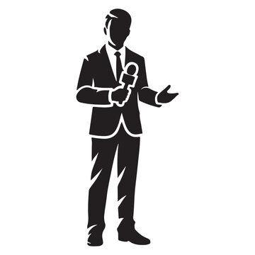 recommend clip art: Silhouette News Reporter with Microphone Vector Graphics Illustration