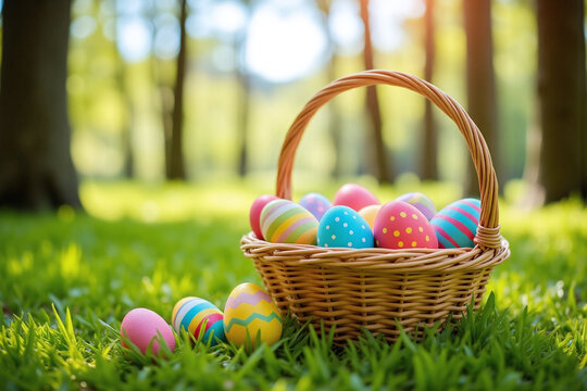 wicker basket with decorated Easter eggs on grassy area