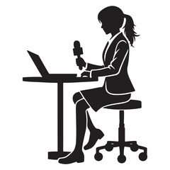 Female Journalist Working News Reporting Silhouette Vector Illustration Design