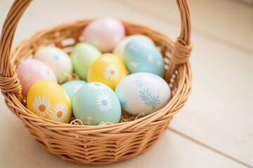wicker basket with decorated Easter eggs pastel colors