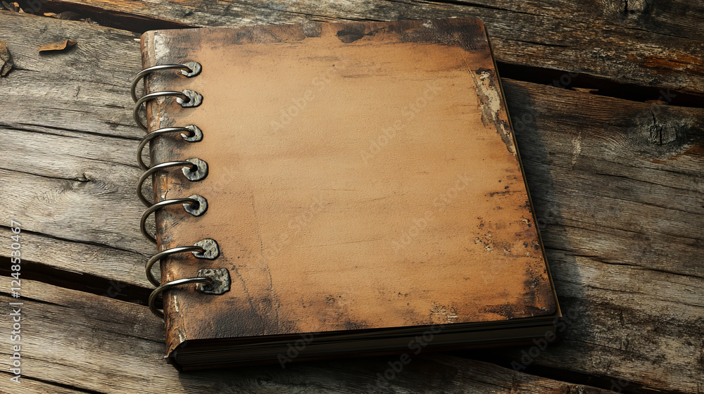 Poster blank ring bound scrap book on a rustic wooden background in horizontal orientation with copy space 