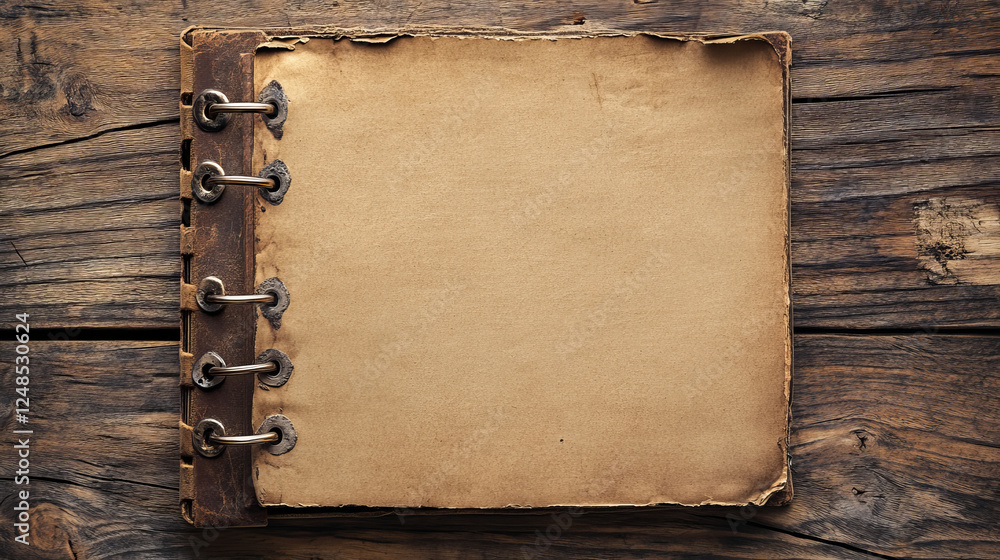 Poster blank ring bound scrap book on a rustic wooden background in horizontal orientation with copy space 
