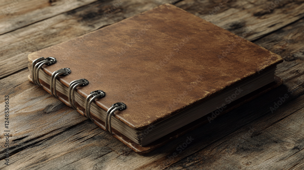 Aufkleber blank ring bound scrap book on a rustic wooden background in horizontal orientation with copy space 