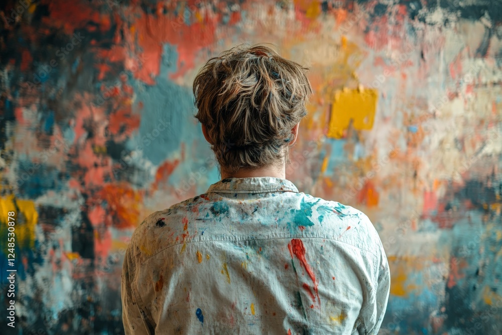 Poster artist reflects on abstract canvas in vibrant creative space at the studio during an evening session