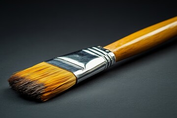 Fototapeta premium High-quality paintbrush resting on a dark surface showcasing its bristles and wooden handle