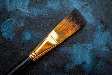 Paintbrush resting on textured blue surface showing strokes of various shades and hues in an...