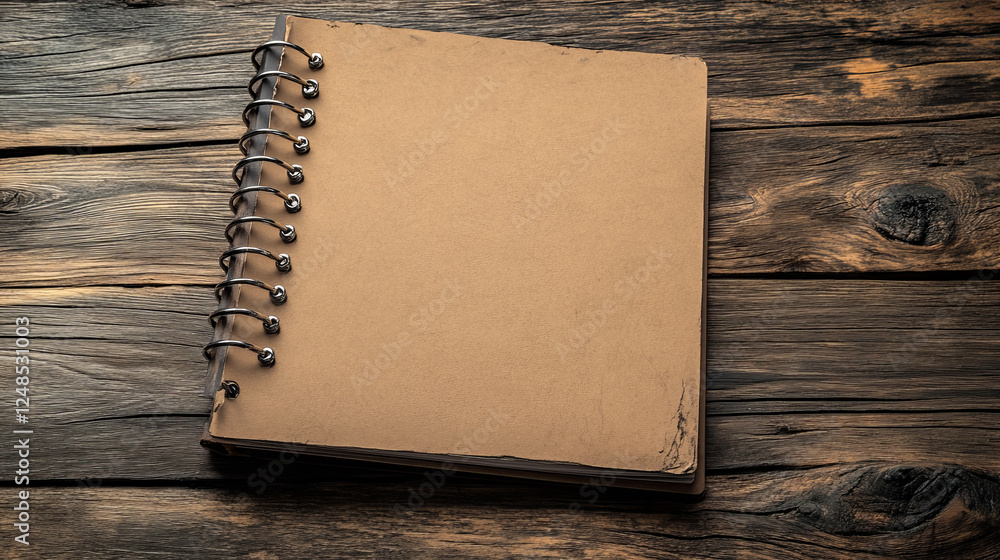 Poster blank ring bound scrap book on a rustic wooden background in horizontal orientation with copy space 