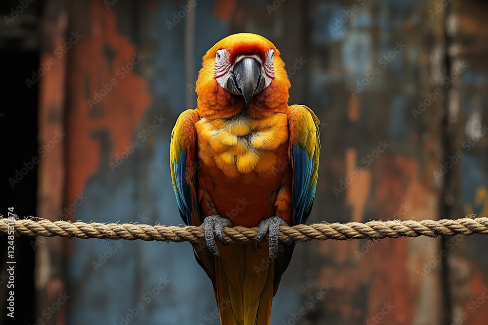 Aufkleber colorful macaw perched on a rope in a rustic setting surrounded by vibrant textures