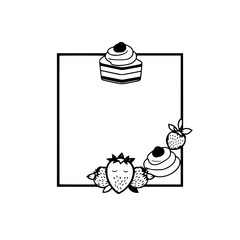 Cake and strawberries forming a frame border around a white center.