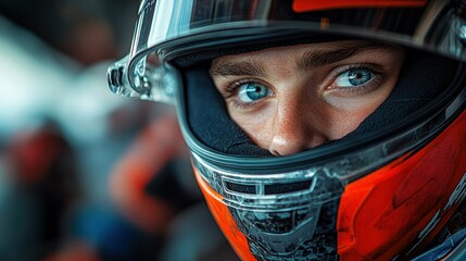 Racer's Gaze: A Close-Up Portrait of a Determined Female Race Car Driver