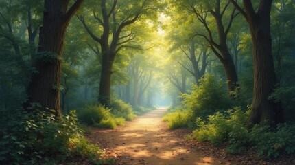Obraz premium Serene Forest Trail Dappled Sunlight