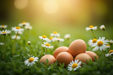 small cluster of brown eggs in green grass white daisies