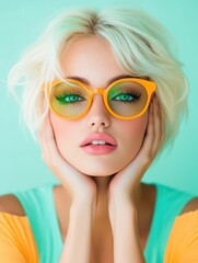 Fototapeta premium Young woman with short blonde hair and bright makeup poses with hands on her face in a vibrant setting showcasing playful eyewear