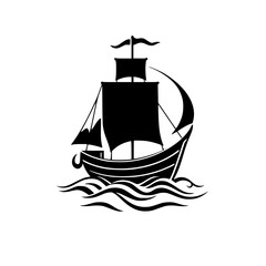 Silhouette of a classic sailboat sailing on turbulent sea waves, black and white minimal image.