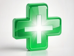 Obraz premium Glossy green medical cross symbol with a glowing effect on a light background 