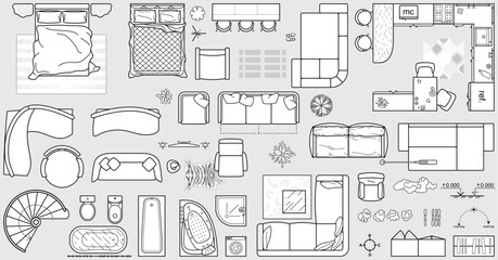Floor plan icons set for design interior and architectural project view from above. Furniture line icon in top view for layout. Collection for arranging and filling rooms of apartment, house. Vector © Юрий Парменов