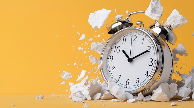 Vintage alarm clock breaking through wall with flying debris on yellow background, concept of time pressure and urgency