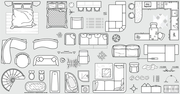 Floor plan icons set for design interior and architectural project view from above. Furniture line icon in top view for layout. Collection for arranging and filling rooms of apartment, house. Vector