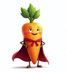 Carrot Superhero with Cape, 2D Kids Illustration on White Background

