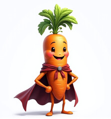 Carrot Superhero with Cape, 2D Kids Illustration on White Background


